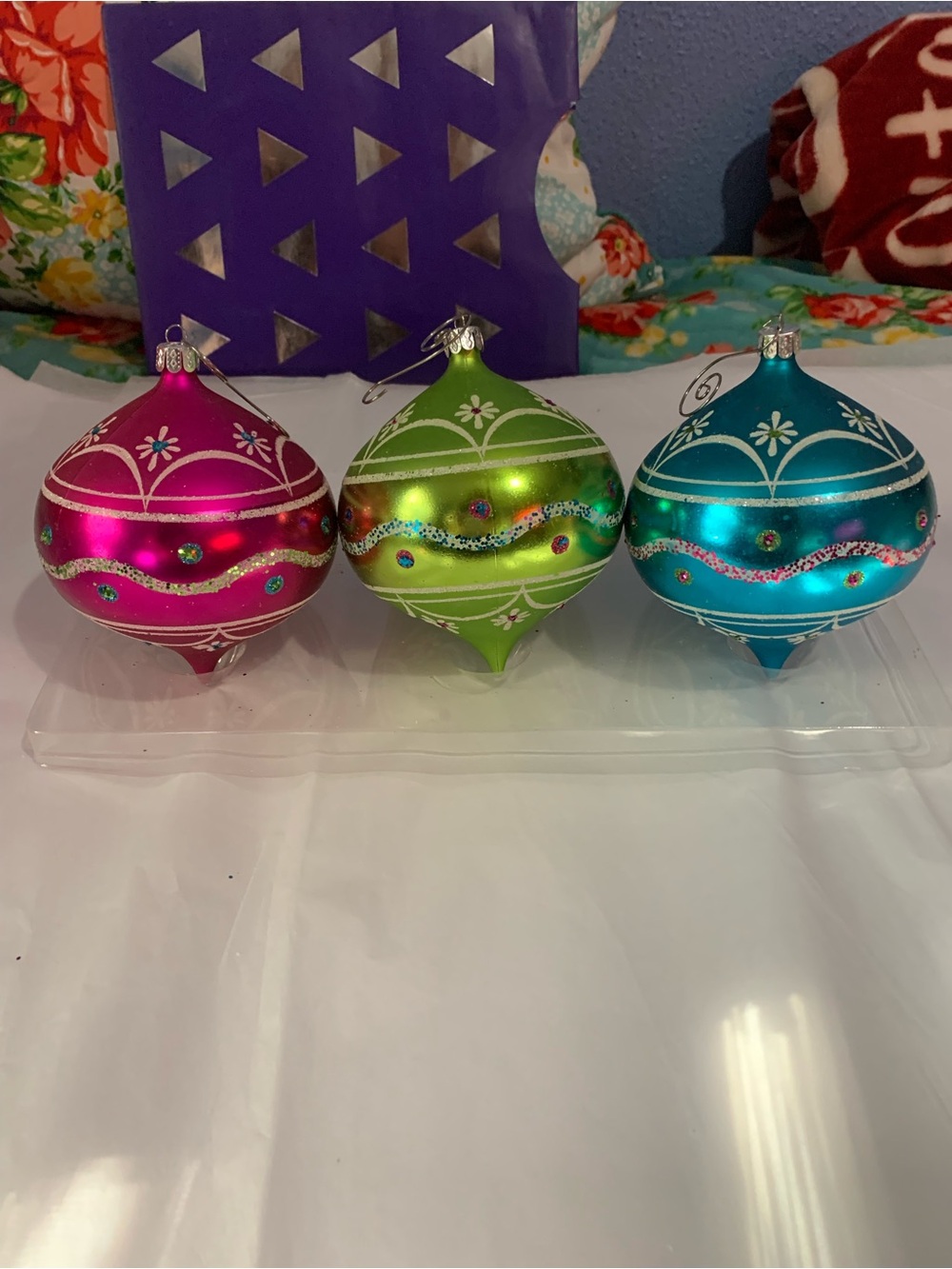 3 Hand Decorated Finial Style Ornaments Shatterproof Large